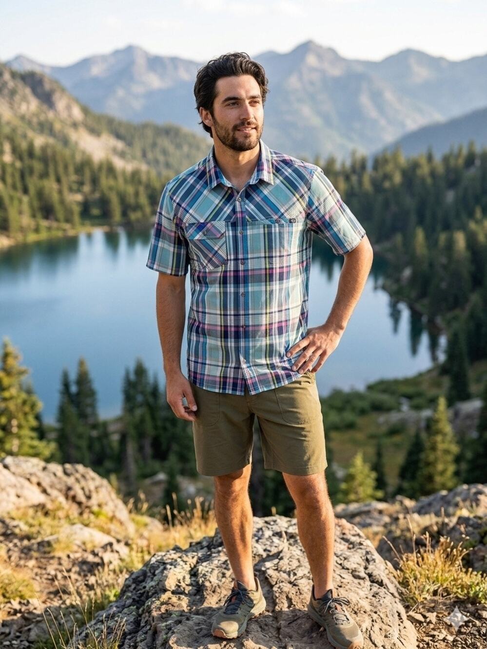 KAVU Boardwalk Men's Short Sleeve Plaid Button Down Shirt Hiking Teal Large